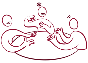 Vinröd illustration tre figurer runt ett bord som samtalar livligt.