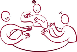 gruppsamtal Vinröd illustration tre figurer runt ett bord som samtalar livligt.